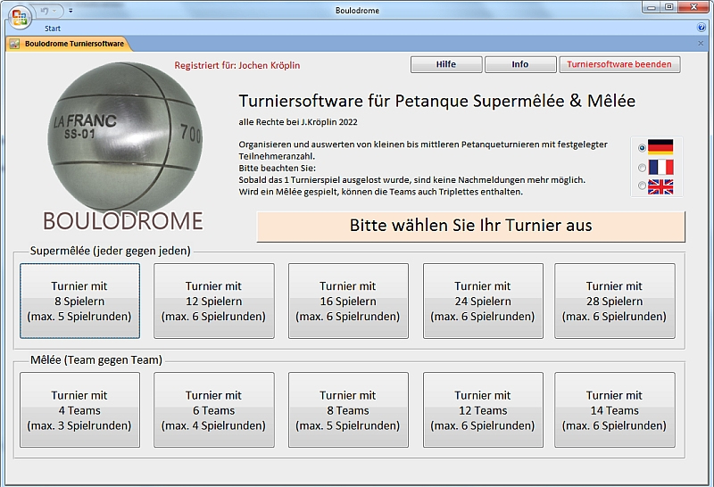 Hauptmenü Boulodrome Turnier Software